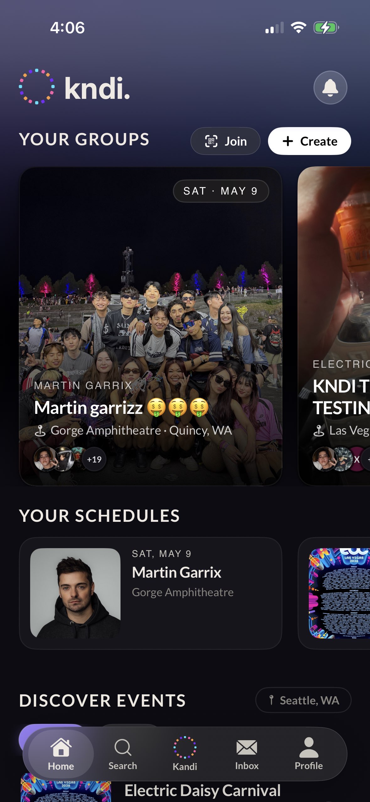 kndi home screen showing your groups and schedules