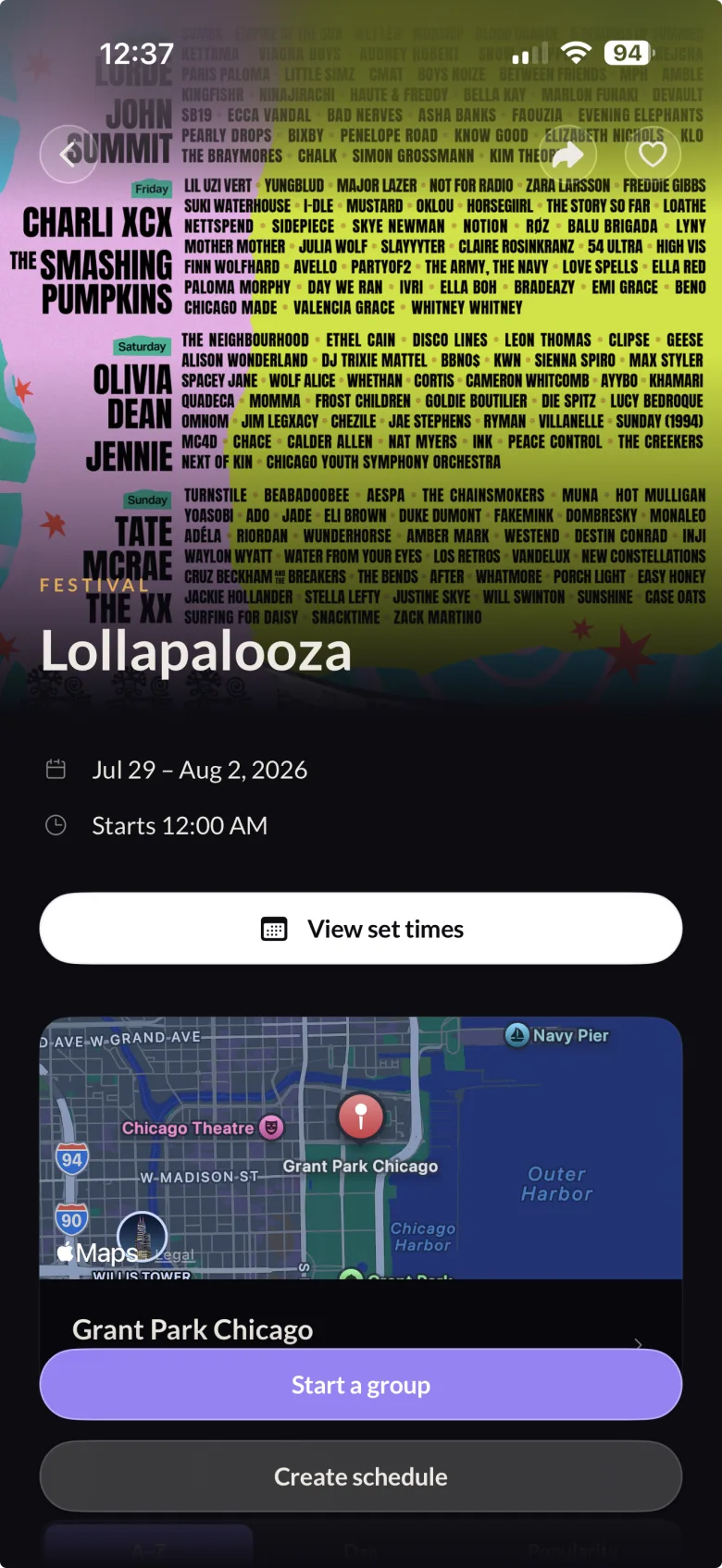 The Lollapalooza event page in kndi, lineup poster, dates, set times, and a venue map of Grant Park