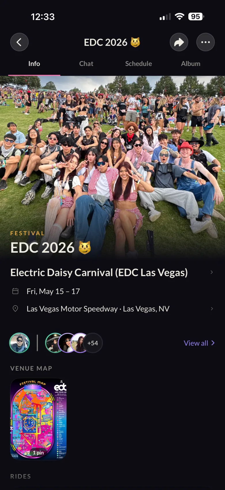 A kndi group for EDC 2026, info tab with the group photo, dates, venue, and everyone going