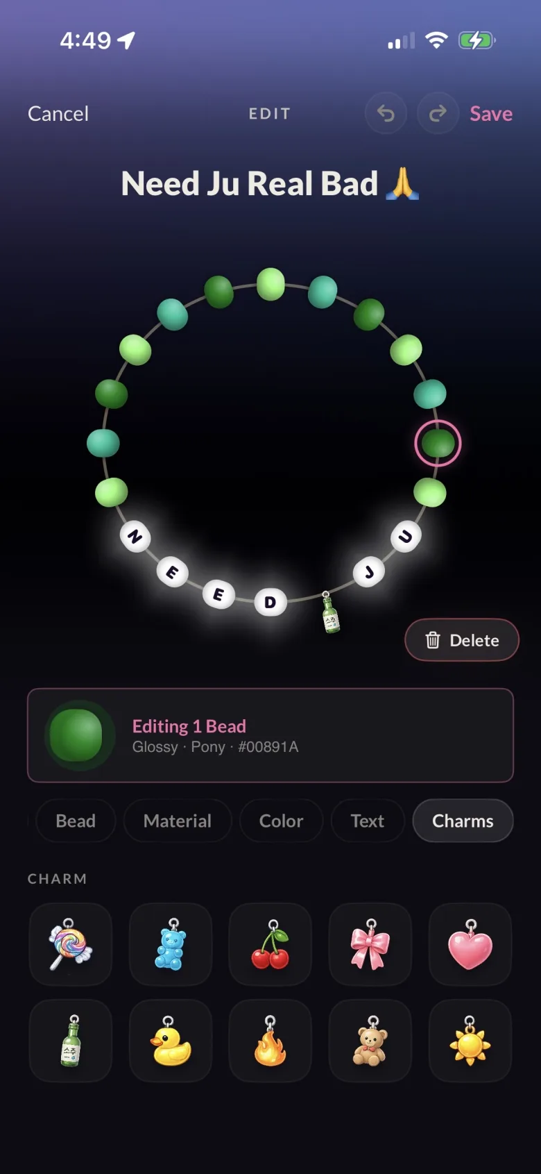 The kandi editor in kndi, a green bracelet named Need Ju Real Bad with lettered beads and a charm picker