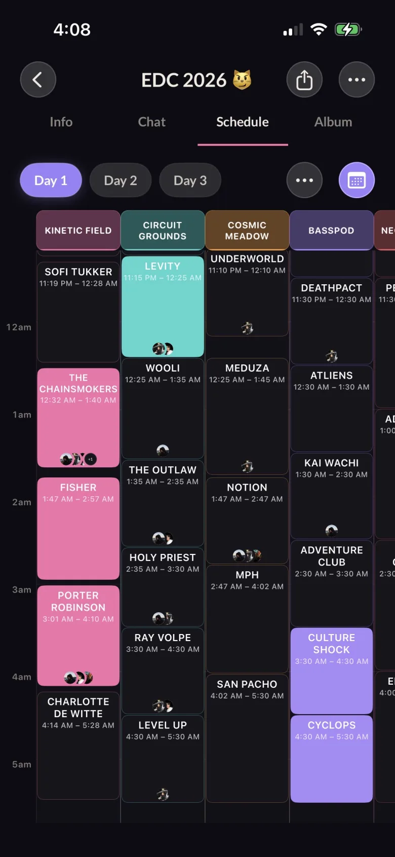 An EDC set-times schedule in kndi, stages side by side with picked sets highlighted and friends' avatars on each